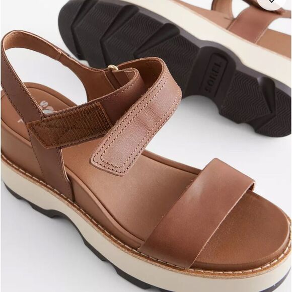 Sorel Joanie IV Y strap wedge leather sandals velvet tan blackened brown size 9 - Picture 5 of 17